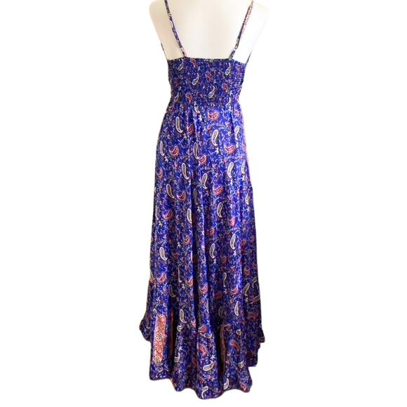 Vintage Silk Maxi Dress Vibrant Blue Red Paisley  Boho Festival 90s Y2K Romantic - Picture 3 of 8